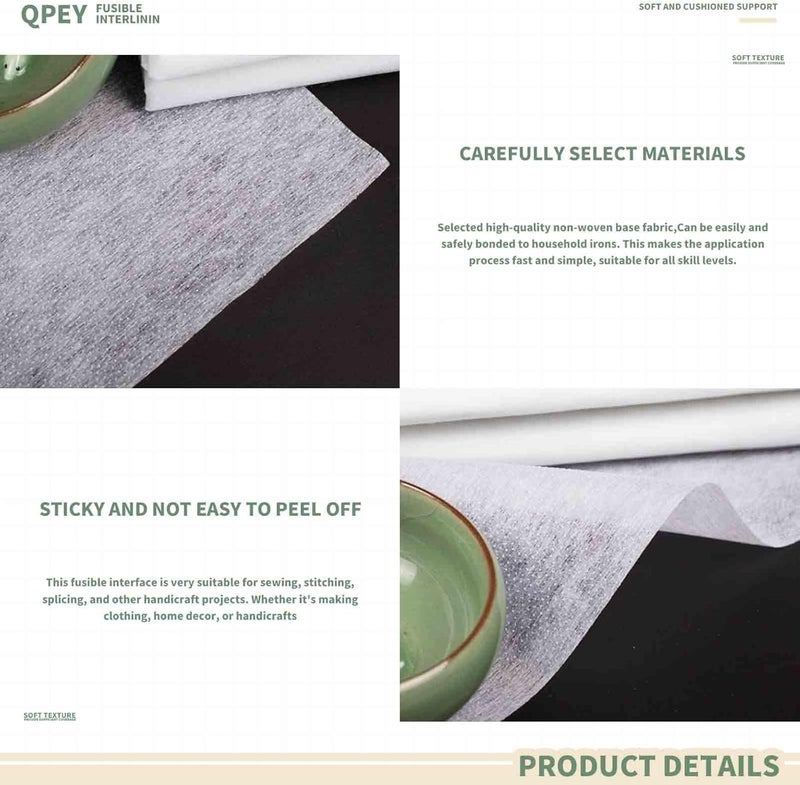QPEY Light Weight Iron-On Non-Woven Fusible Interfacing,12inch x 60yd Interfacing Fabric for Sewing,Single-Sided Polyester Fabric for DIY Craft Supplies,Quilting,Sewing,Dresses,Collars,Cuffs (Light Weight) - Image 5